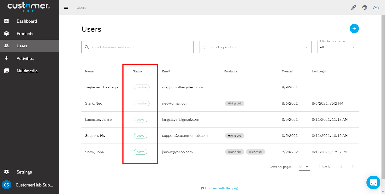 Customerhub user list