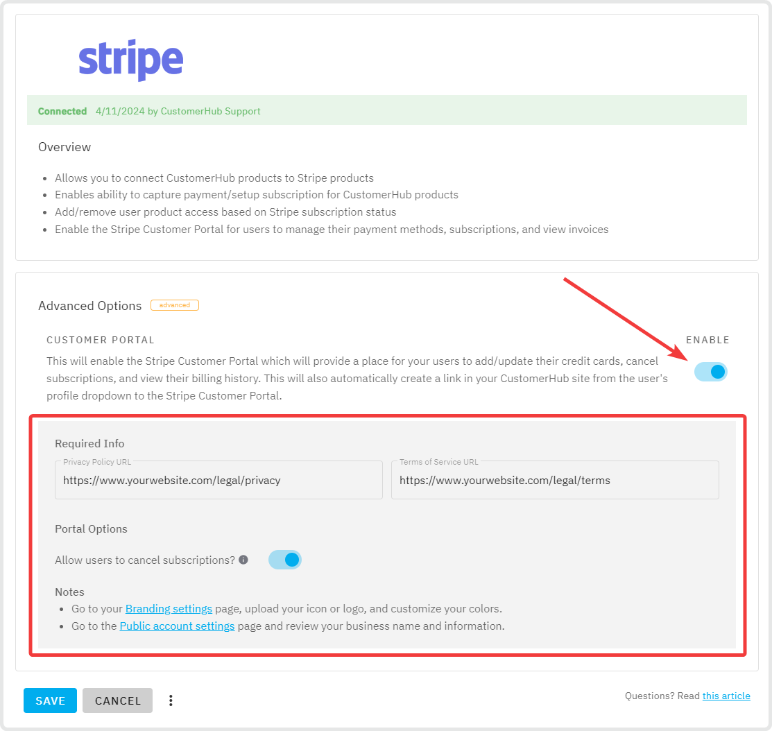 Stripe integration with CustomerHub