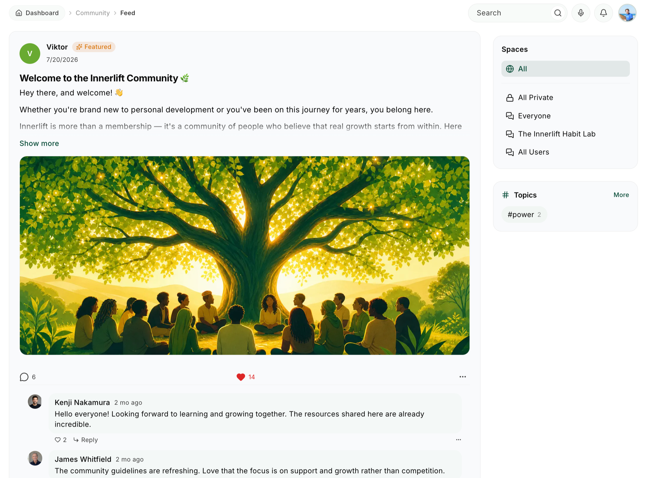 Innerlift community feed showing a welcome post, comments, spaces, and topics