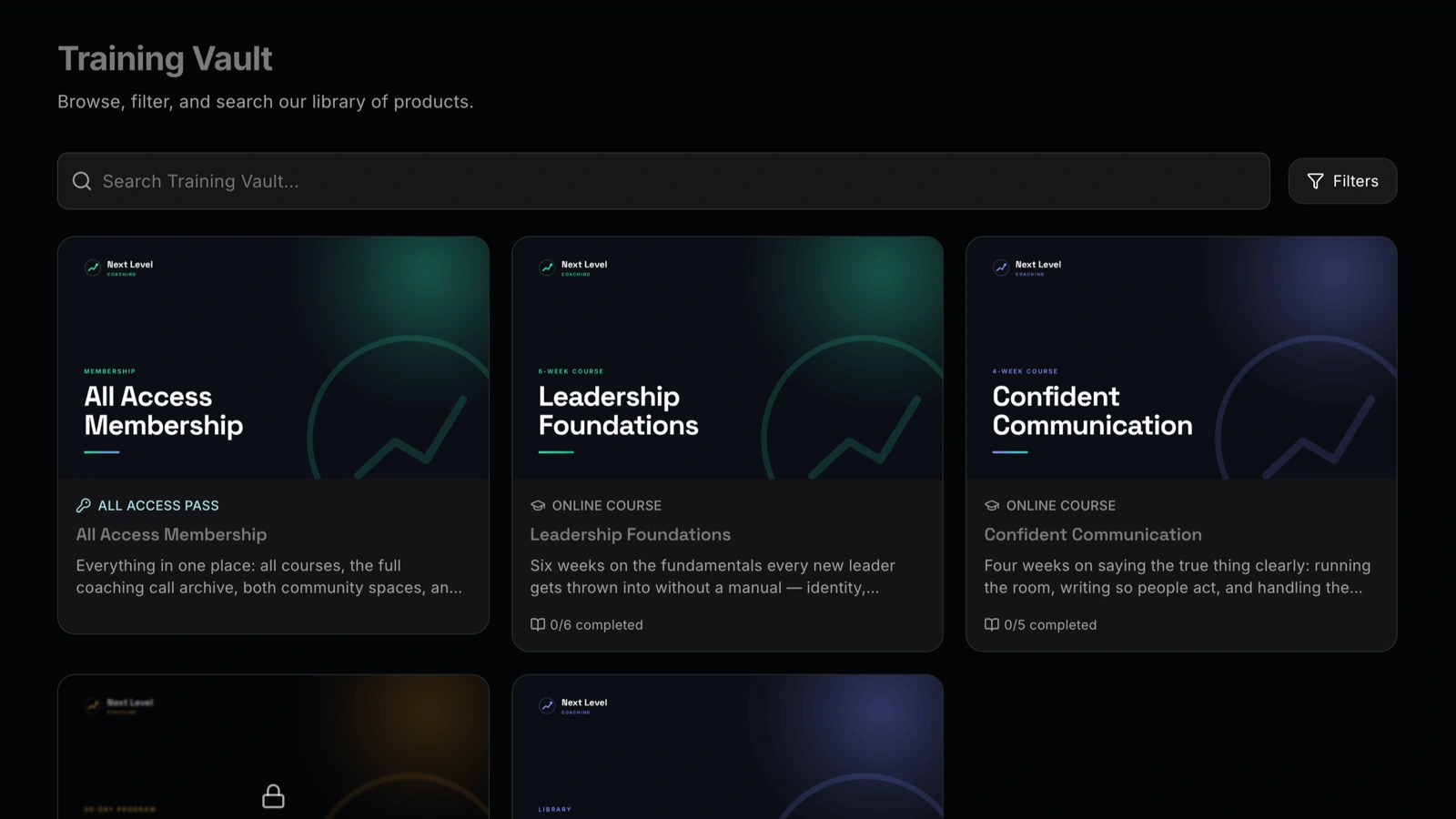 Training Vault library showing an All Access Membership and courses in Leadership Foundations and Confident Communication.