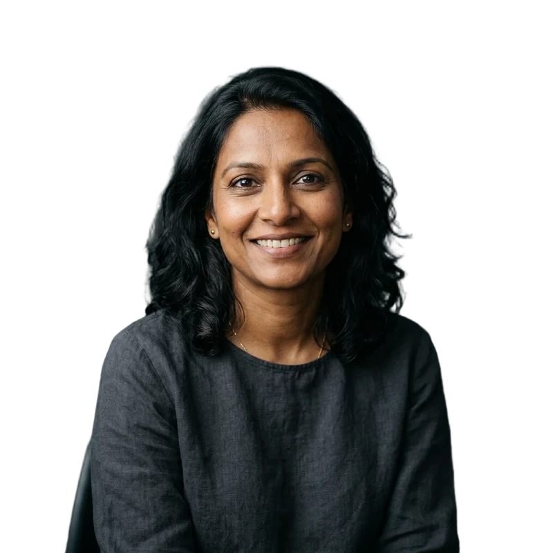 AI-generated portrait of fictional guest Priya Bennett